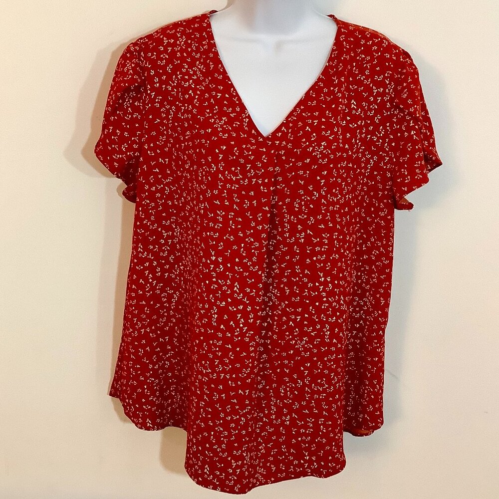 Slip On Top Red w/ Print Short Sleeve Tunic Style V Neck Bestbee XL Feminine